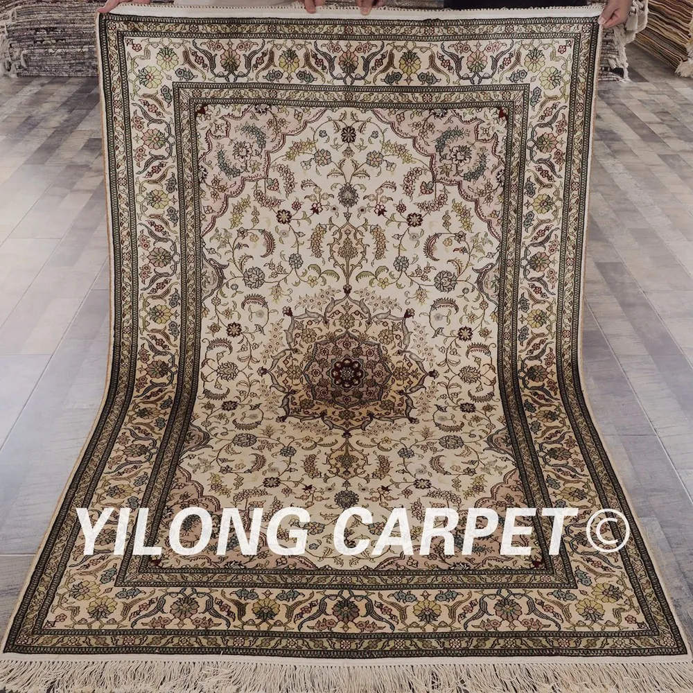

YILONG 4'x6' Turkish silk carpet beige vantage antique hand knotted persian silk rugs on sale (SL108B4x6)