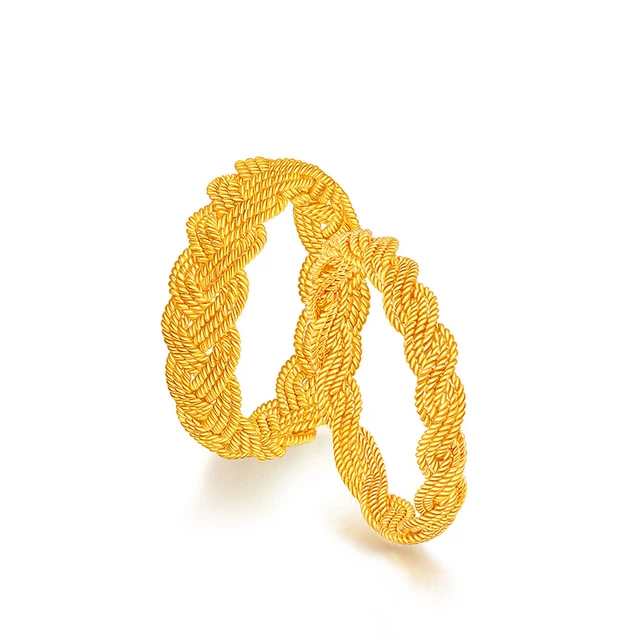 Solid Pure 24K Yellow Gold Ring Lover's Ring Rope Wedding Ring Band 1