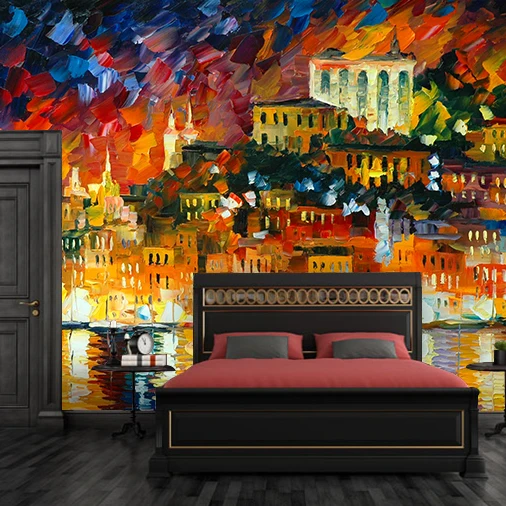 

Free Shipping American fire village wallpaper study office restaurant bedroom Cafe background City Oil Painting Wallpaper mural