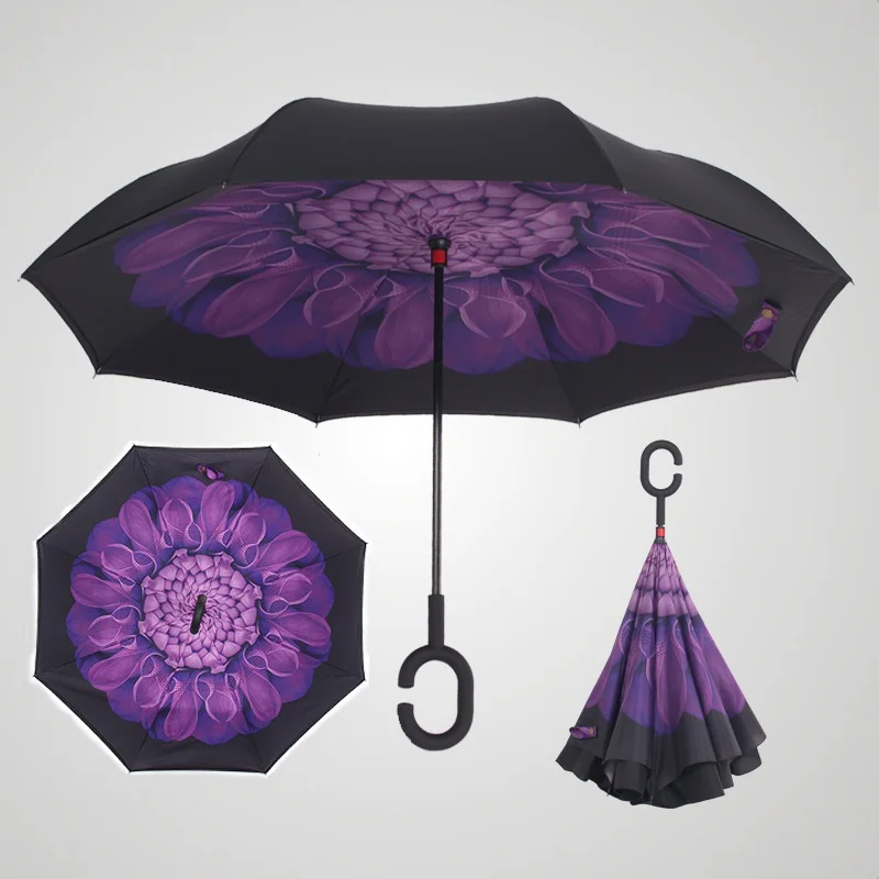 umbrella Reverse Double Windproof Double Layer Rain Umbrella Inverted Auto Inside Out Rain Protection C-Hook with Hands