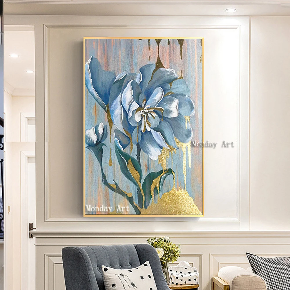 100-Hand-Painted-Abstract-Golden-Blue-Flowers-Oil-Painting-On-Canvas-Wall-Art-Wall-Pictures-Painting