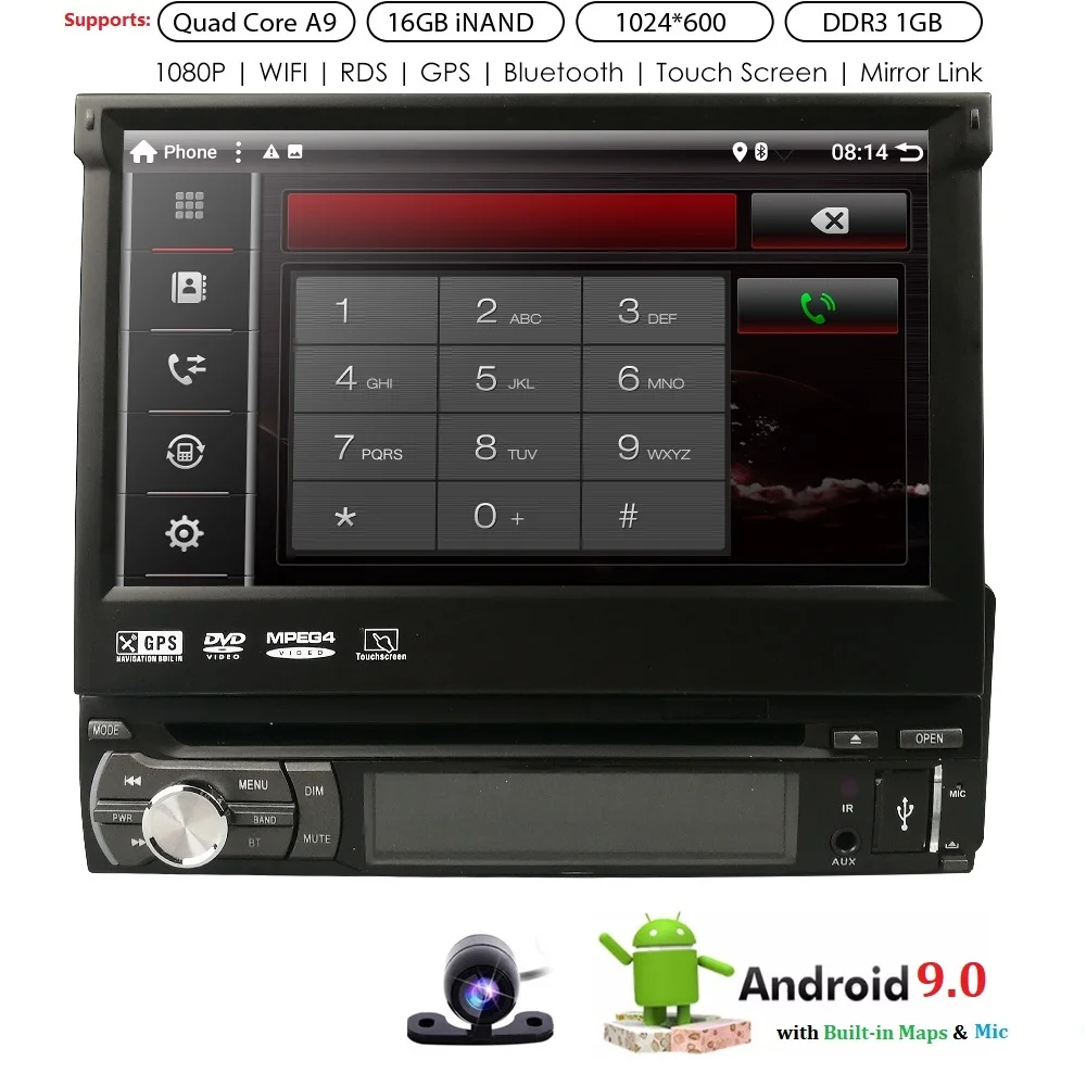 " 1 Din Android 9,0 автомобильный мультимедийный плеер для универсального автомобиля gps-навигация, радио, стерео-видео рулевое колесо DAB+ BT RDS камера