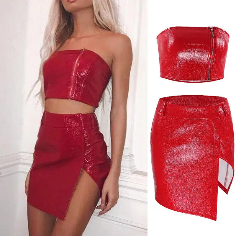 

New Hot Women Summer 2 Piece Bodycon Two Piece Crop Top and Skirt Set Lace Up Dress Party