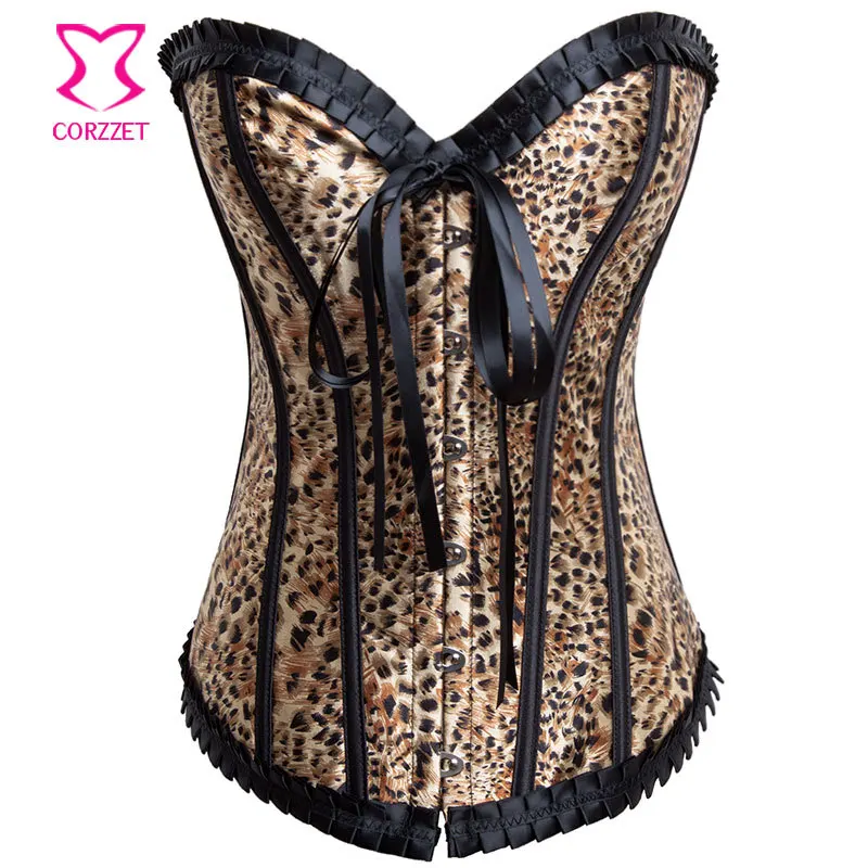 

Strapless Brown Leopard Printed Sexy Corset Burlesque Corselet Overbust Bustier Corsets CatWomen Corpetes E Espartilhos