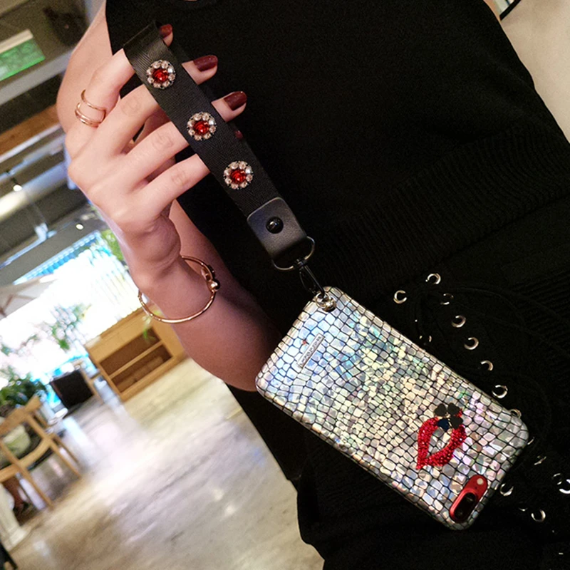 Aoweziic Laser XS XR MAX mobile phone shell luxury For iphone X leather lip hanging 6S 7 8Plus Chao brand air water drill girl