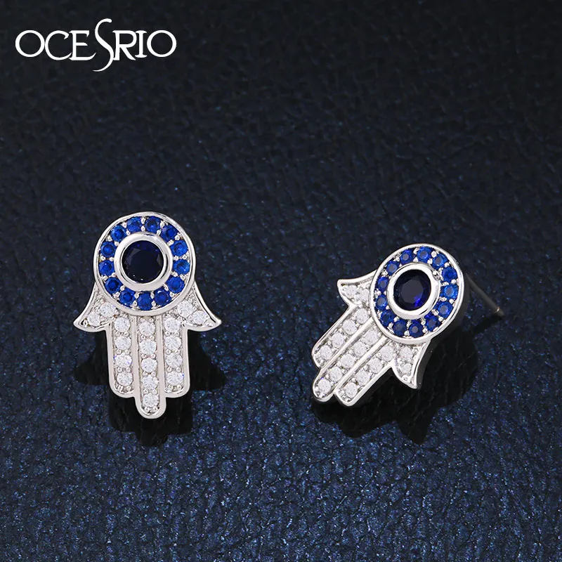 

OCESRIO Fatima Stud Earrings Blue Evil Eye Zircon Silver Hamsa Earrings For Women Girl Hamsahand Turkish Lucky Jewelry ers-m21