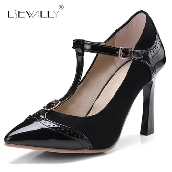 

Lsewilly Fashion Black Beige plus size 34-48 stiletto high heels T strap women pumps pointed toe sweet party wedding shoes S524