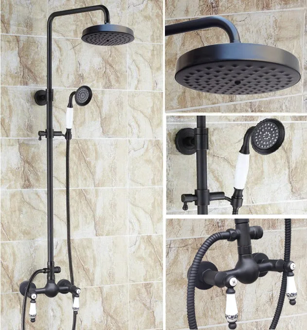 

Black Oil Rubbed Brass 7.7" Round shower Head Dual Ceramics Handles Wall Mounted Bathroom Rain Shower Faucet Set ars515