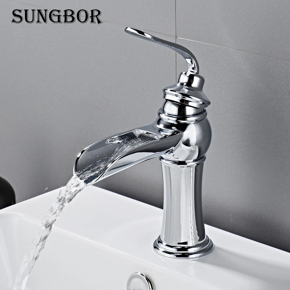 

Bathroom Basin Faucet Chrome Brass Vanity Vessel Sinks Washbasin Cold Hot Water Mixer Tap Waterfall Deck Mount Single Handle