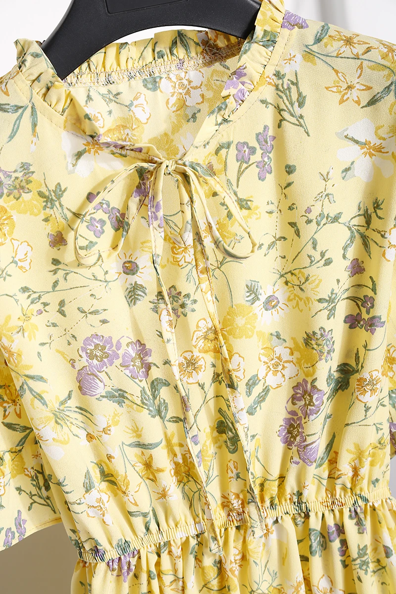 2018送料無料新ファッション花柄シフォンサマードレス甘い薄いスリム女性のワークウェアプリントドレスカジュアルかわいいホット