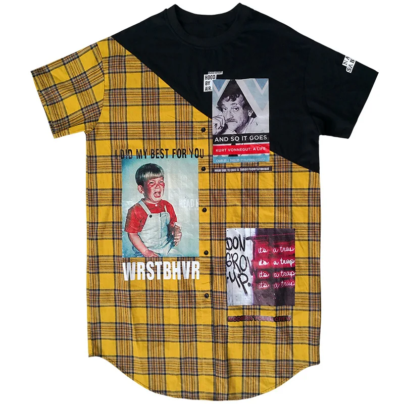 

Tide brand 2018 summer personality loose Plaid stitching ladies street large size dress Harajuku printed stitching dress