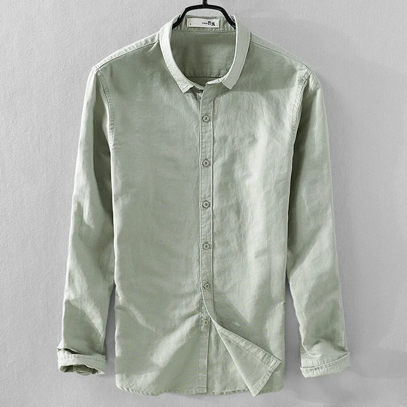 55%Linen 45%Cotton Men Long Sleeve Shirts Pink And Green Turn down ...