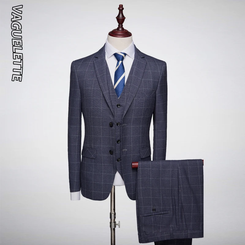 

VAGUELETTE Formal Plaid Grey Suit For Men Business Wedding Groom 3 Piece Suit Slim Fit Traje Hombre Para Vestir M-4XL