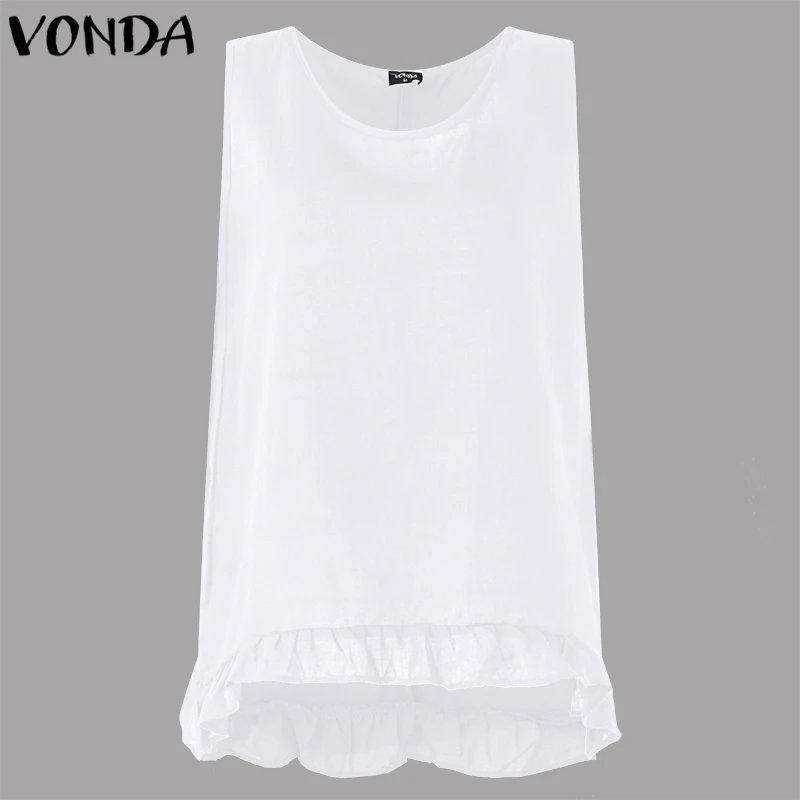 VONDA Для женщин футболка 2018 летняя одежда плюс Размеры пуловер Blusas рубашки Повседневное свободные сексуальные рубашки без рукавов оборками