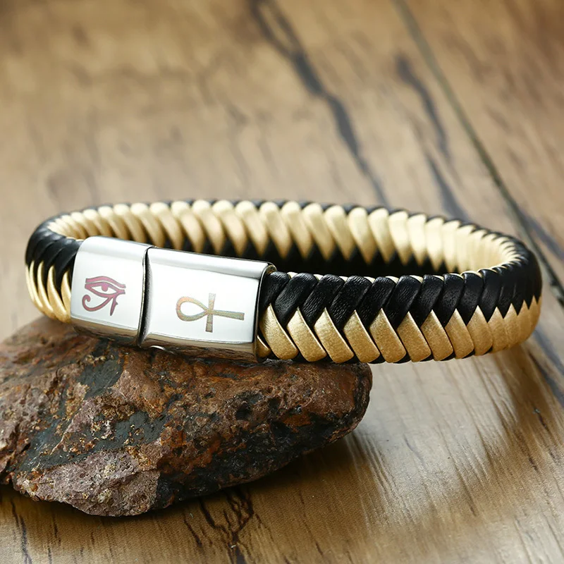 Гравировка коса кожаный браслет с нержавеющая сталь браслеты Египетский Глаз Horus Ankh крест контраст персонализированные подарки
