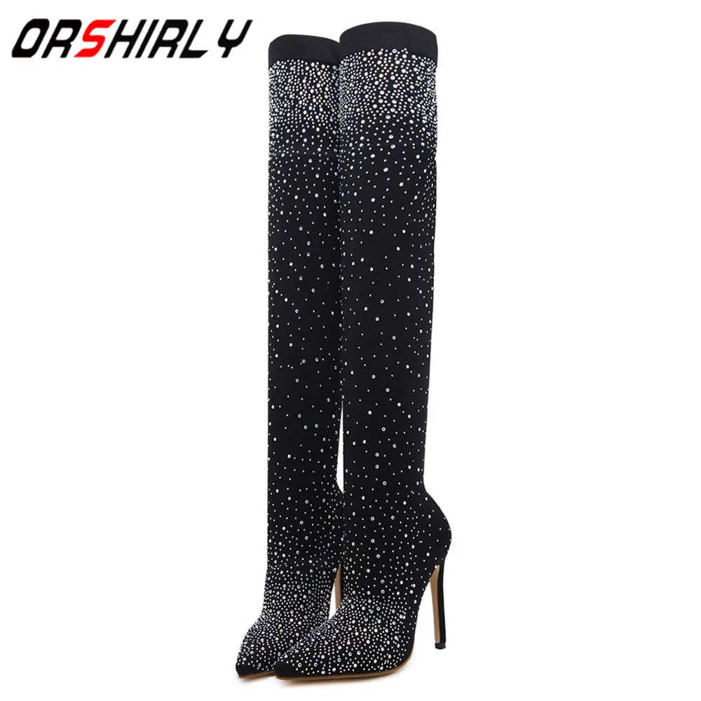 

Orshirly Sexy over-the knee women boots Thigh High boots stretch fabric spring/autumn crystal super high thin heels handmade