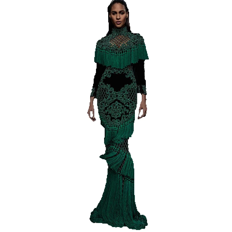 

HIGH QUALITY Newest Fashion 2017 Runway Maxi Dress Women's Hollow Out Luxurious Handwork Beading Tassel Long Dress