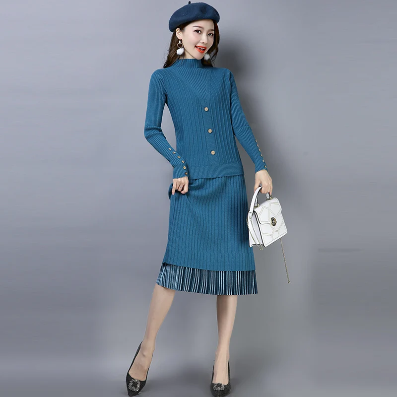 

Brand Set Fall Winter Women Set New Solid Color OL Commuter Knit Suit Button Sweater+Pleated Stitching Long Skirt 2 Piece Set
