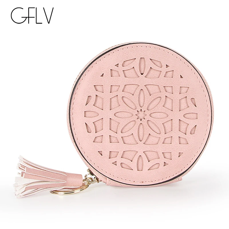 GFLV брендовые маленькие кошельки для монет, женские кошельки на полой молнии, круглые кошельки из искусственной кожи, кошелек с кисточкой и подвеской, сумка для хранения наушников