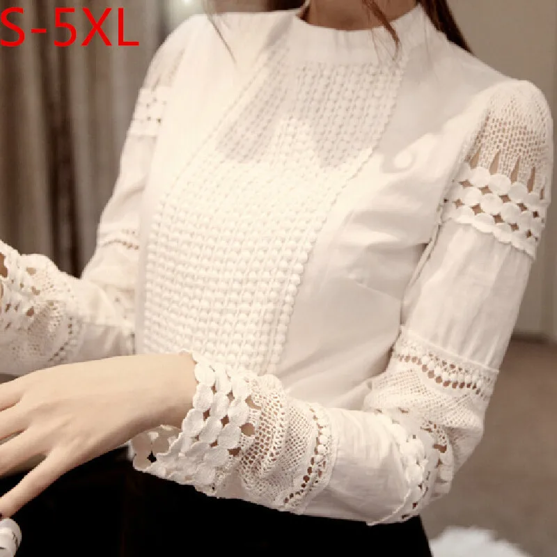 

New Women Blouses Slim Bottoming Long-sleeved White Shirt Lace Hook Flower Hollow Plus Size S-5XL