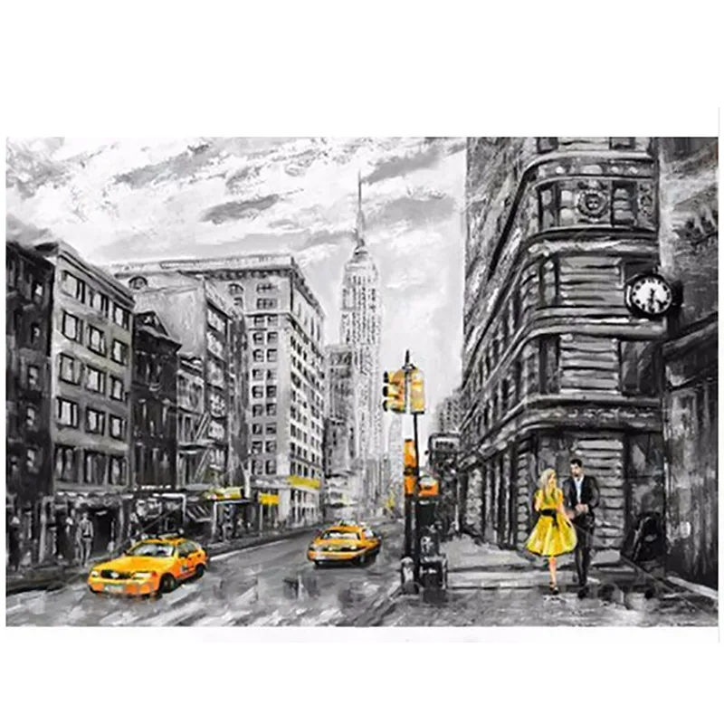 

Handmade White and Black Abstract Oil Painting on Canvas Street View of New York Man and Woman Yellow Hand Painted Art Pictures