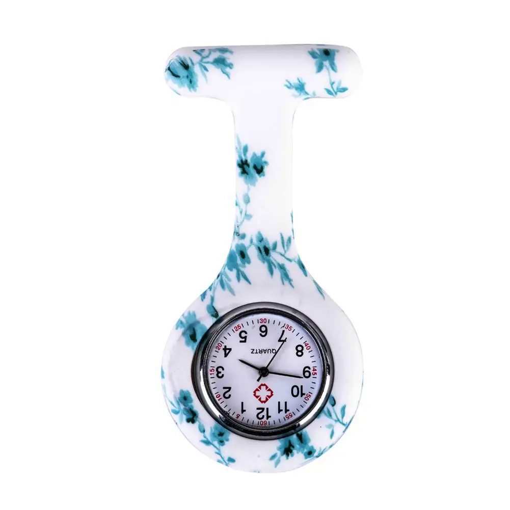 

Cyan white flowers pattern Silicone Nurses Brooch Tunic Fob Pocket Watch Stainless Dial