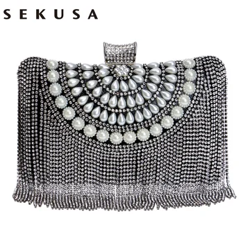 

SEKUSA Tassel Rhinestones New Women Evening Bags Diamonds Beaded Wedding Lady Handbags Metal Small Purse Messenger Evening Bag