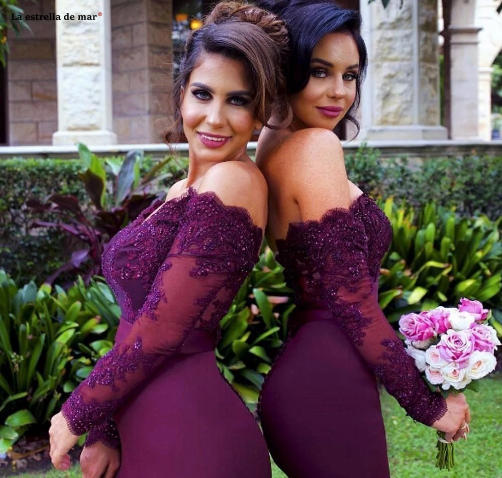 Vestido madrinha longo2019 Новое сексуальное кружевное атласное платье с длинными рукавами бордового цвета, королевское синее фиолетовое сексуальное платье русалки для подружки невесты
