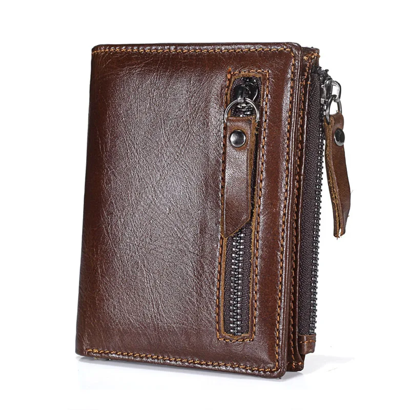 

Brand Genuine Leather Crazy Horse Cowhide Men Wallets Double Zipper Retro Short Coin Purse Oil Wax Leather Money Pocket Designer