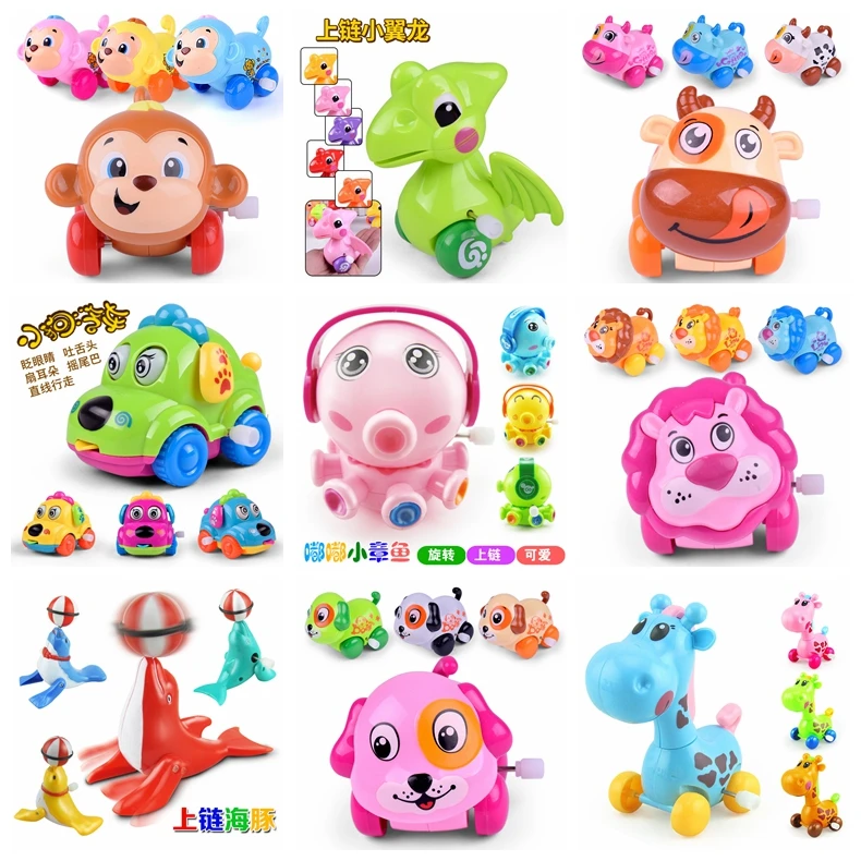 

Clockwork Wind Up Toys Cute Plush Chicken Running Kids Baby Back Jumping Frog/Dog/Lion Wind Up Toy Education Toys Random Color