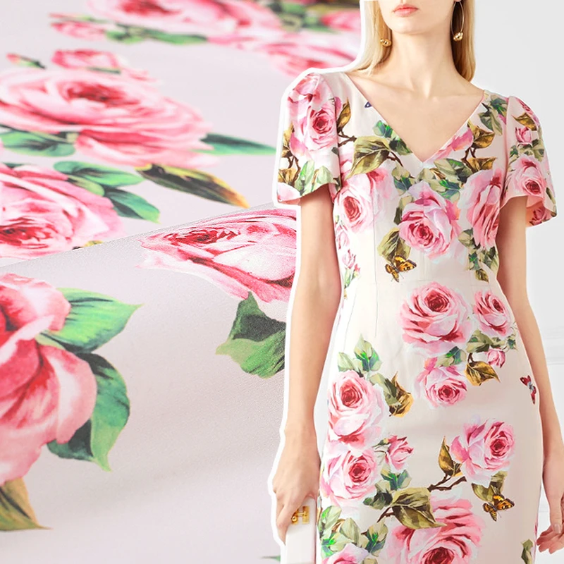 

150CM Wide 220G/M Weight Pink Floral Print White Triacetate Polyester Fabric for Autumn Spring Summer Dress Coat Jacket DE678