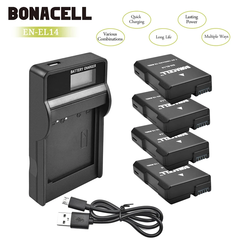 Bonacell EN-EL14 EN EL14 для Nikon 1500mah аккумулятор + ЖК-Зарядное устройство USB D3100 D3200 D3300 D5100 D5200