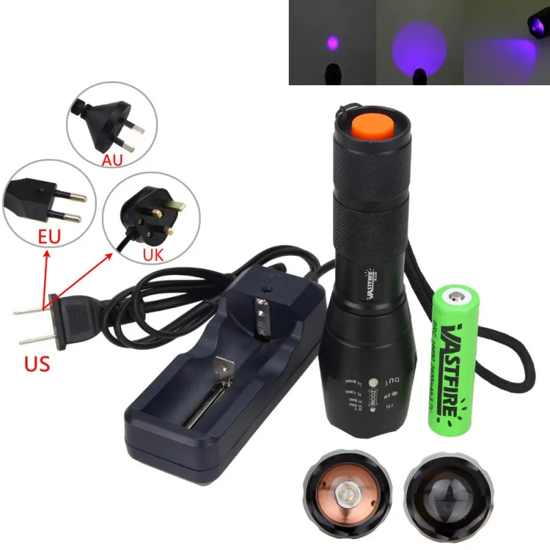 

VASTFIRE UV Ultra Led Hunting Light Tactical Violet Purple Blacklight 395nm Waterproof Torch Inspection Lamp+18650+Charger