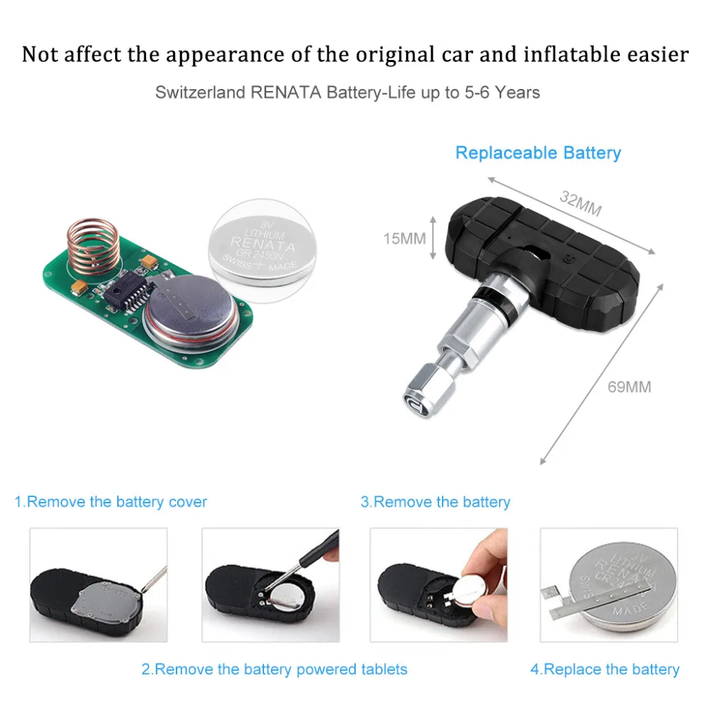 U912 Tire Pressure Monitor System TPMS Real Time Pressure Temperature 4pcs RF Sensors Internal/External Blind Hole for Toyota 5 Year Battery for Toyota, w/4pcs Internal sensors/Battery Replaceable 