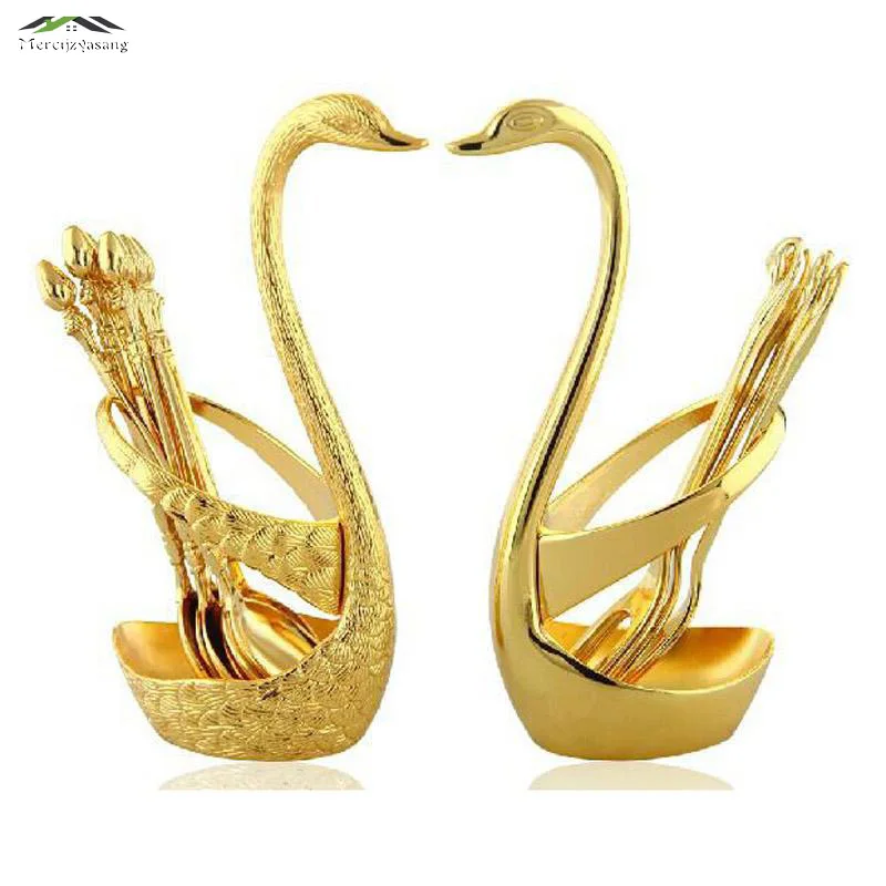 

1 Set Gold Swan Fruit Fork Dessert Set Fashion Creative Suits Luxurious Gold Fruit Dessert Fork Cutlery Quality Wedding Gift