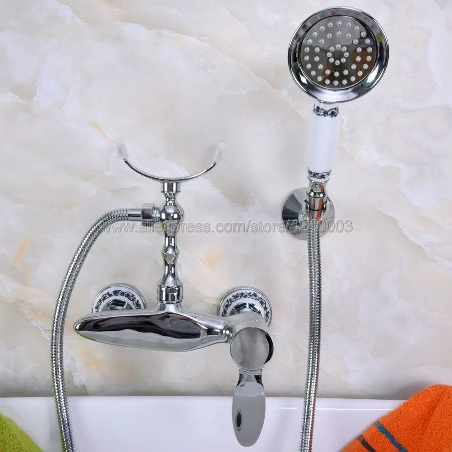 

Polished Chrome Bathroom Shower Faucet Bath Faucet Mixer Tap With Hand Shower Head Set Wall Mounted Kna261