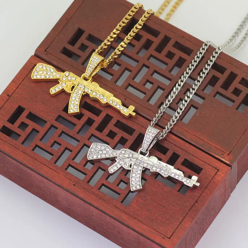 Bling bling gun AK 47 ожерелье с подвеской в стиле хип хоп кубинская Длинная цепочка со