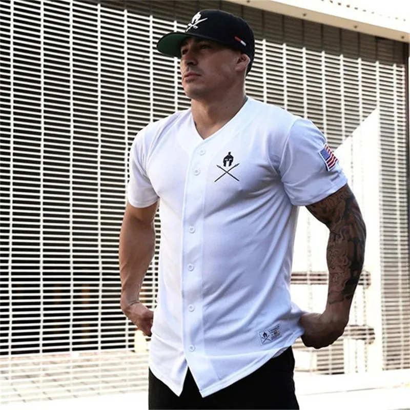 

2018 New Mens Short sleeve Shirts Summer Casual Fashion Slim Male Jogger Gyms Fitness workout Button Cardigan Clothing