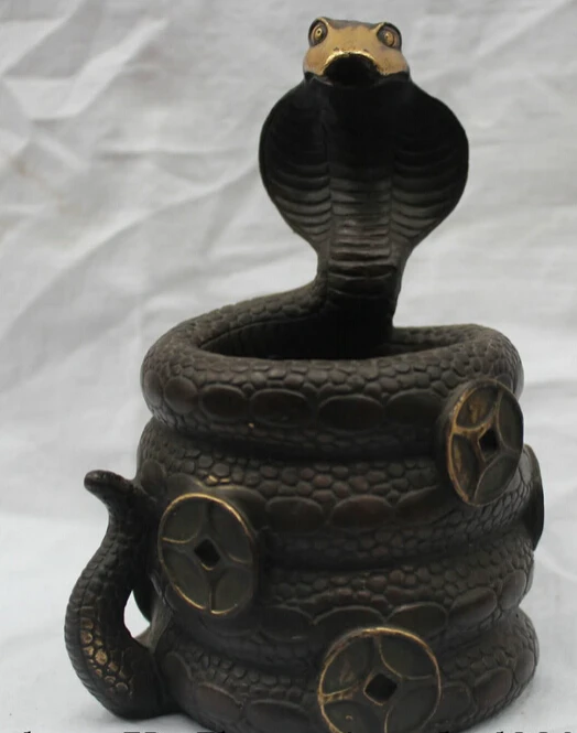 

JP S0524 Lucky China Bronze Chinese Zodiac Year Money Snake Statue Brush Pot Pencil Vase B0403