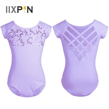 IIXPIN детский гимнастический купальник для занятий танцами, бальный Купальник для женщин Танцы Костюмы для девочек Рубашка с короткими рукавами бабочки со стразами с ремешками на спине одежда для бальных танцев
