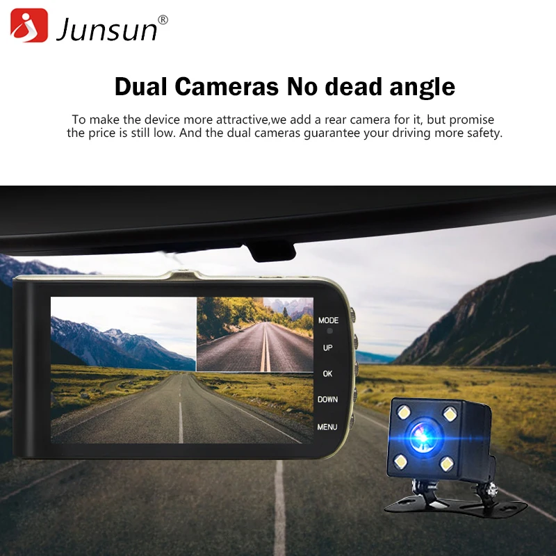 Junsun SD410 Автомобильные видеорегистраторы Камера 4 &quotДвойной объектив 1080 P видео