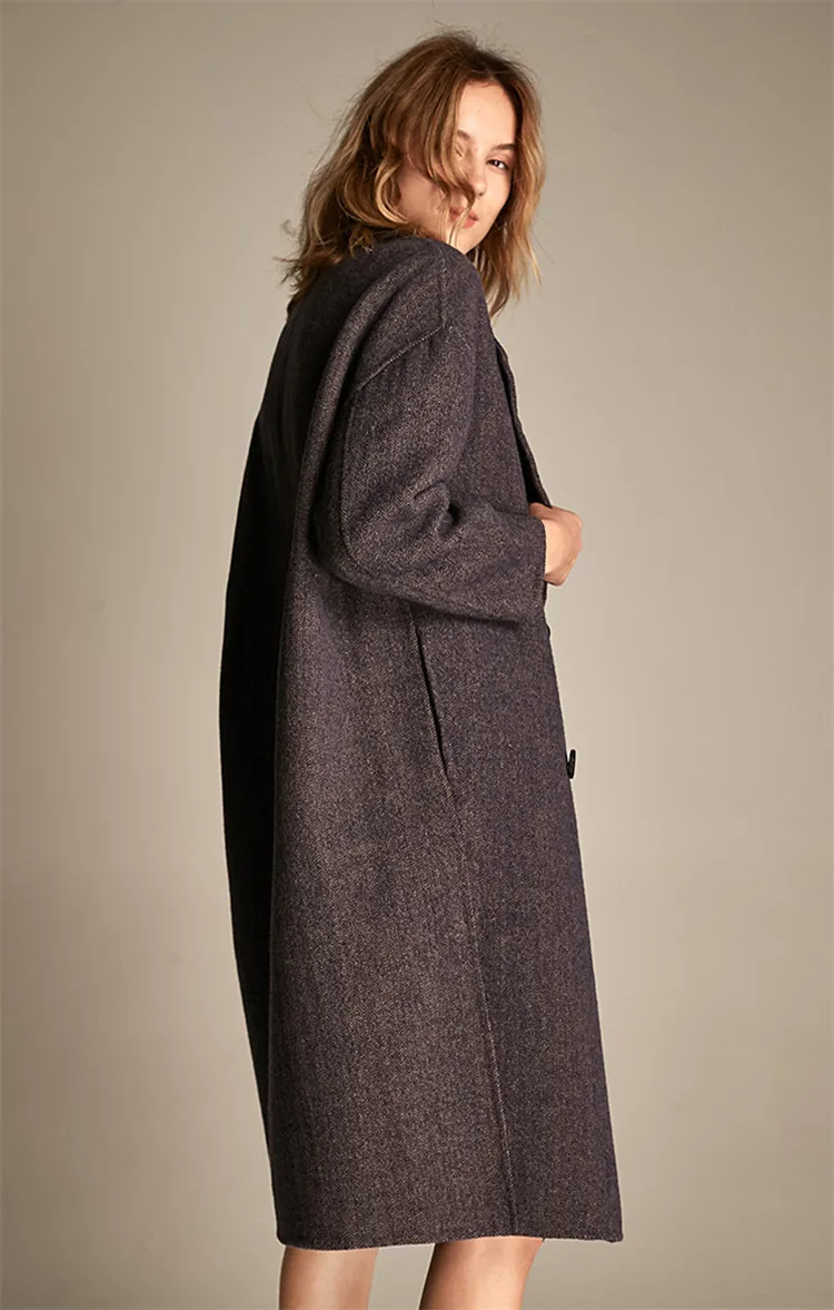 Ручная работа из чистой шерстяной ткани для женщин, модное двубортное длинное пальто средней длины с большим отложным воротником, S-L