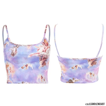 

Drop Ship Women Summer Sexy Spaghetti Strap Crop Top Colored Angel Love Cupid Digital Printing Camisole Backless Deep Scoop Neck