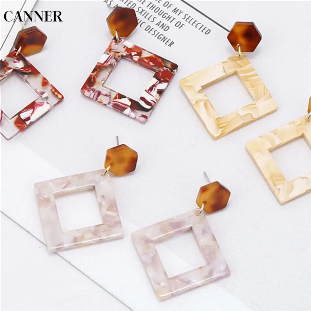 

Canner Acrylic Earrings Geometric Square Hollow Bohemian Long Earring For Women Girl