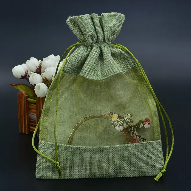 50pcs Clear Window Jute Gift Bag 5"x7" Burlap Party Favor Sack Bag