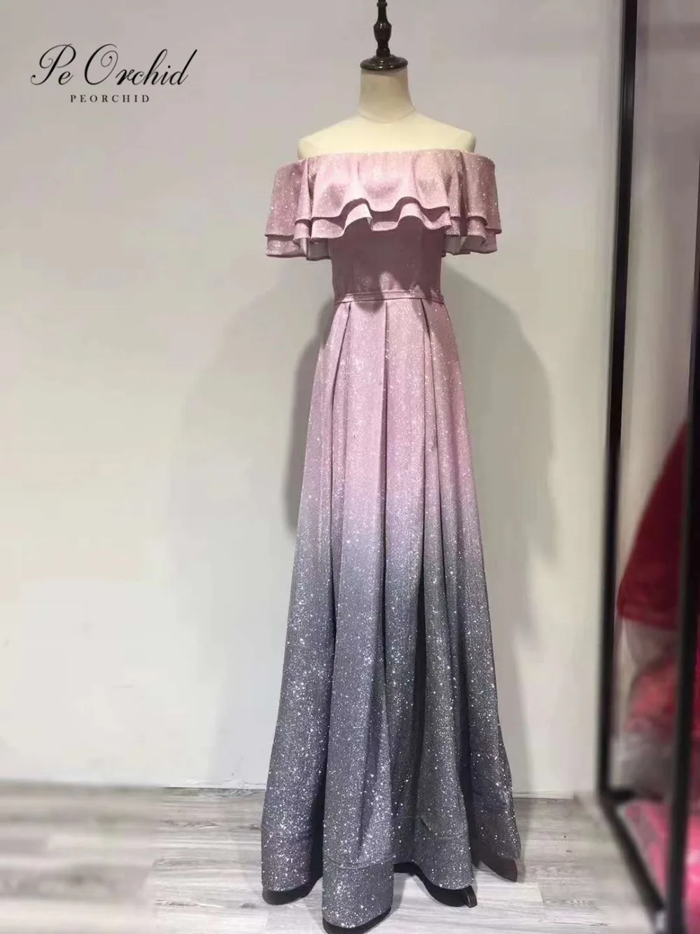 PEORCHID Gillter Ombre розовые платья для выпускного вечера с открытыми плечами Элегантные платья Cerimonia Longos на заказ вечернее платье с пайетками