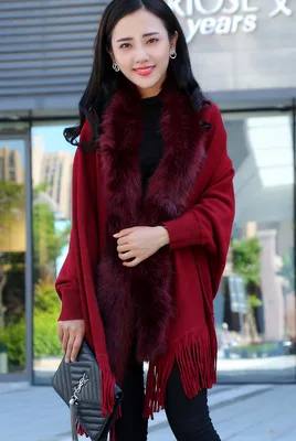 Модный осенний женский плащ с воротником из искусственного меха, серый женский вязаный кардиган с кисточками, свитер-пончо, зимнее теплое пальто - Цвет: wine red