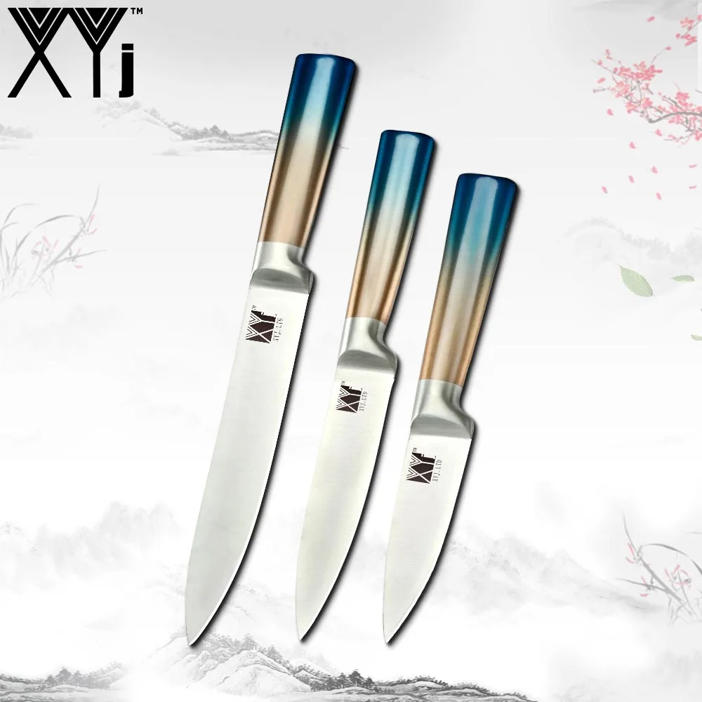 Blue 3 pieces XYj нож ручной работы из нержавеющей стали, нож для нарезки фруктов, кухонный нож шеф-повара, Набор японских поварских кухонных инструментов, градиентная ручка - Цвет: Blue 3 pieces