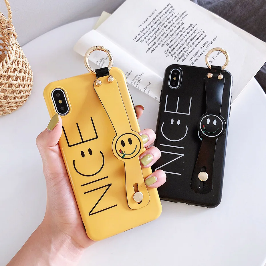 

Beily Nice Smile Case for iPhone XS Max XR X 7 8 6S 6 Plus Cute Luxury Wrist Strap Ring Kickstand Silicone Phone Cover Case Skin