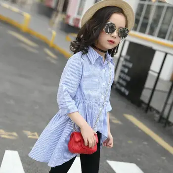 

Kids Girls Shirts Children Cotton Striped Shirt Dress Autumn Spring Long Sleeve Blue Blouses Girls Clothes